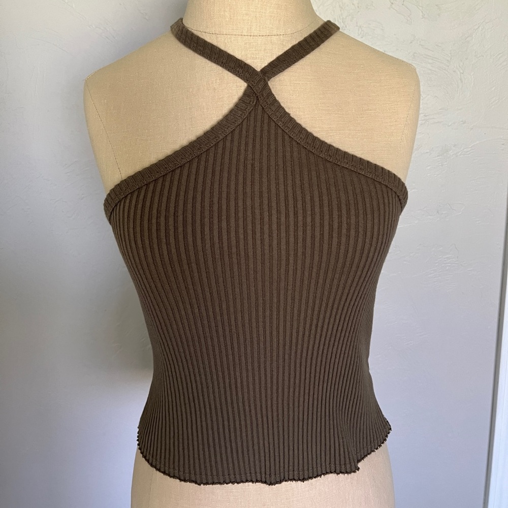 NWT Anthropologie T.La Ribbed Halter Tank Top Moss - Picture 6 of 9